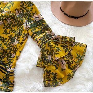 Cabi Sz S Yellow Floral Print Tiered Ruffle Bell Sleeve V Neck Sheer Blouse Top